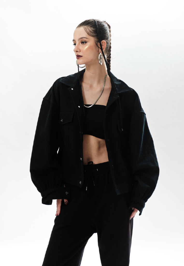 Black puff denim jacket on sale