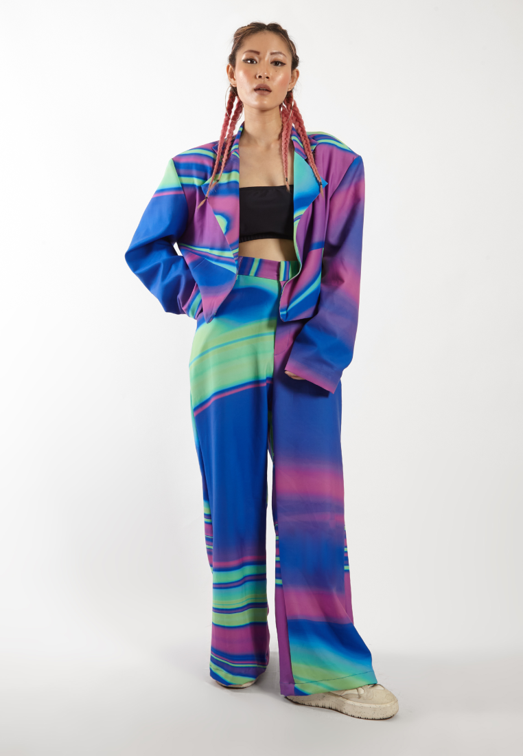 OCWA X NAELS MATES WHIMSICAL WIDE LEG FLARE PANTS BLUE GREEN PURPLE WOMAN