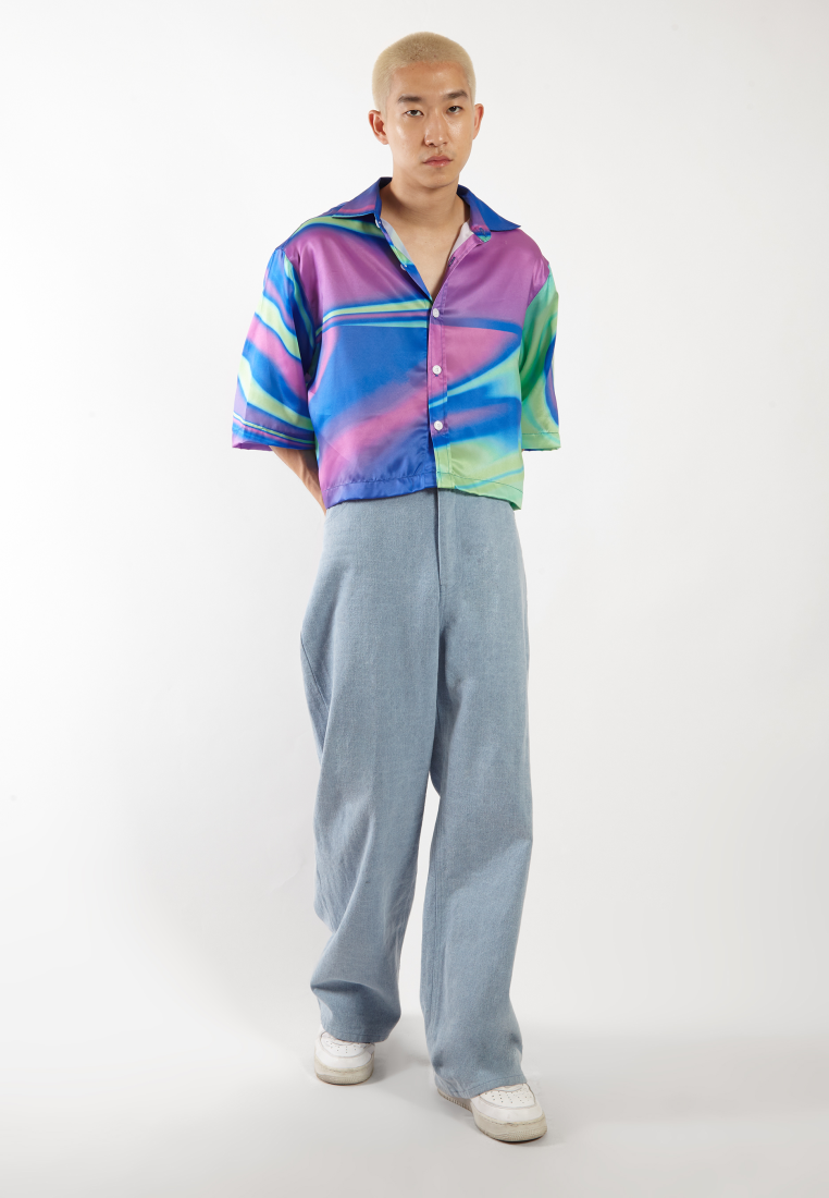 OCWA X NAELS MATES WHIMSICAL OVERSIZED CROP SHORT SLEEVE SHIRT BLUE GREEN PURPLE