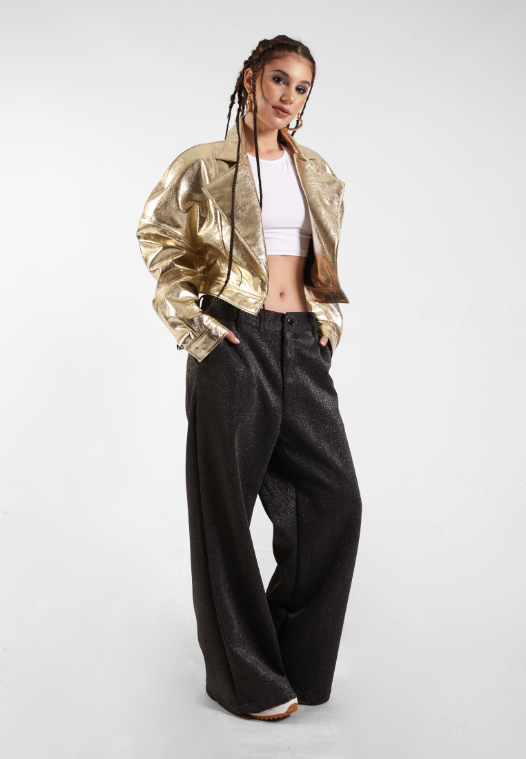 OCWA HALSEY SHIMMER BLACK GOLD WIDE LEG PANTS WOMAN