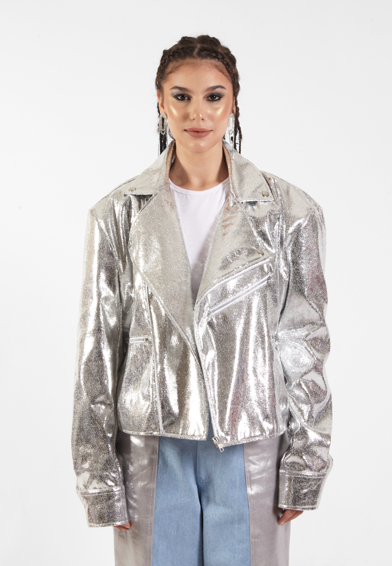OCWA GLOW SILVER SHINY METALLIC BIKER JACKET