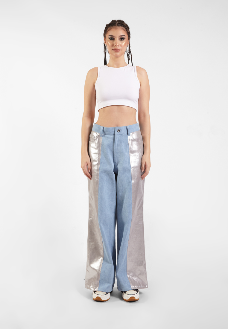 OCWA ROYCE WIDE LEG SILVER MIXED LIGHT BLUE JEANS PANTS