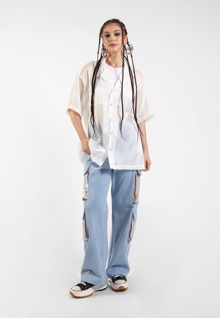 OCWA RUSLAN WHITE SHINY GLAM SHORT SLEEVE SHIRT WOMAN