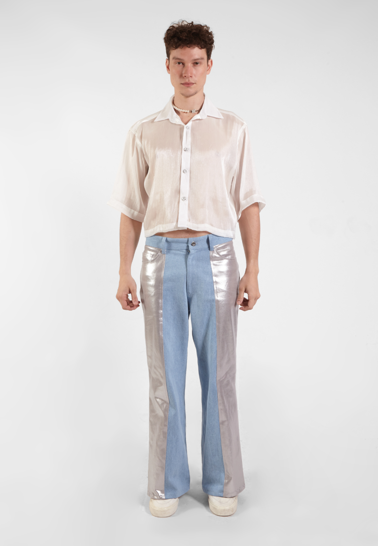 OCWA TIAGO OVERSIZED CROP SHORT SLEEVE SHIMMER WHITE SHIRT