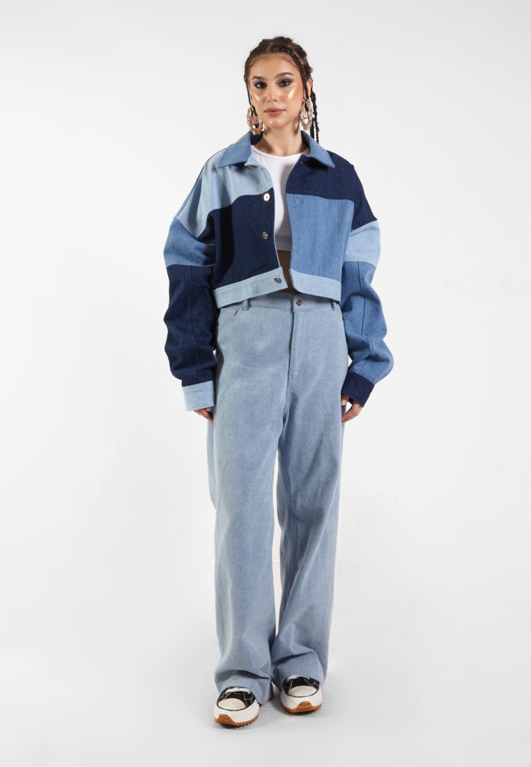 OCWA KEYA CROP MULTI BLUE PATCH DENIM JACKET