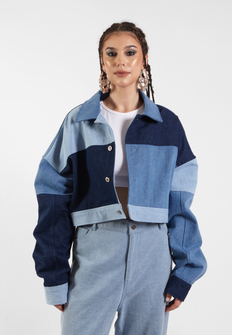 OCWA KEYA CROP MULTI BLUE PATCH DENIM JACKET