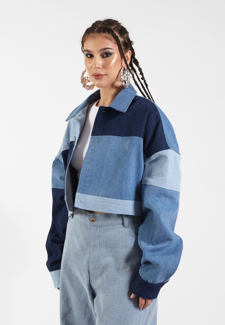 OCWA KEYA CROP MULTI BLUE PATCH DENIM JACKET