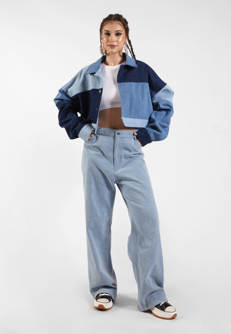 OCWA KEYA CROP MULTI BLUE PATCH DENIM JACKET