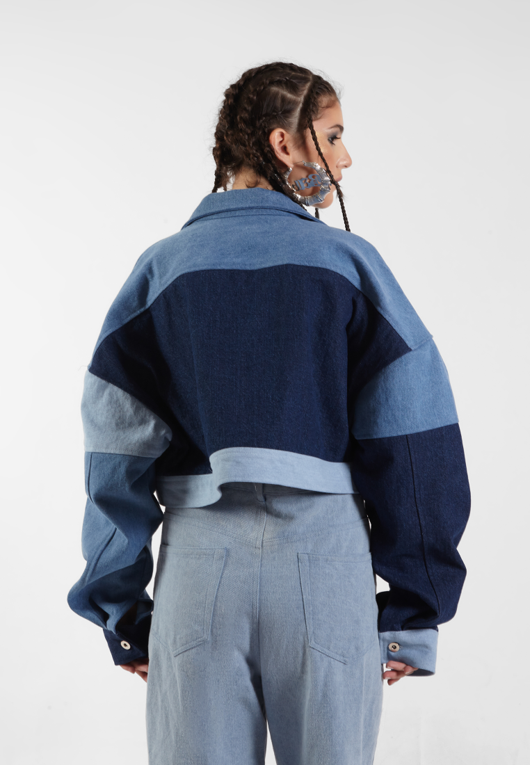 OCWA KEYA CROP MULTI BLUE PATCH DENIM JACKET