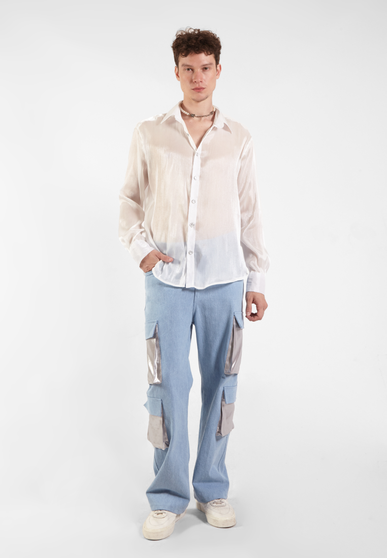 OCWA MARCO WHITE METALLIC SHINY GLAM LONG SLEEVE SHIRT