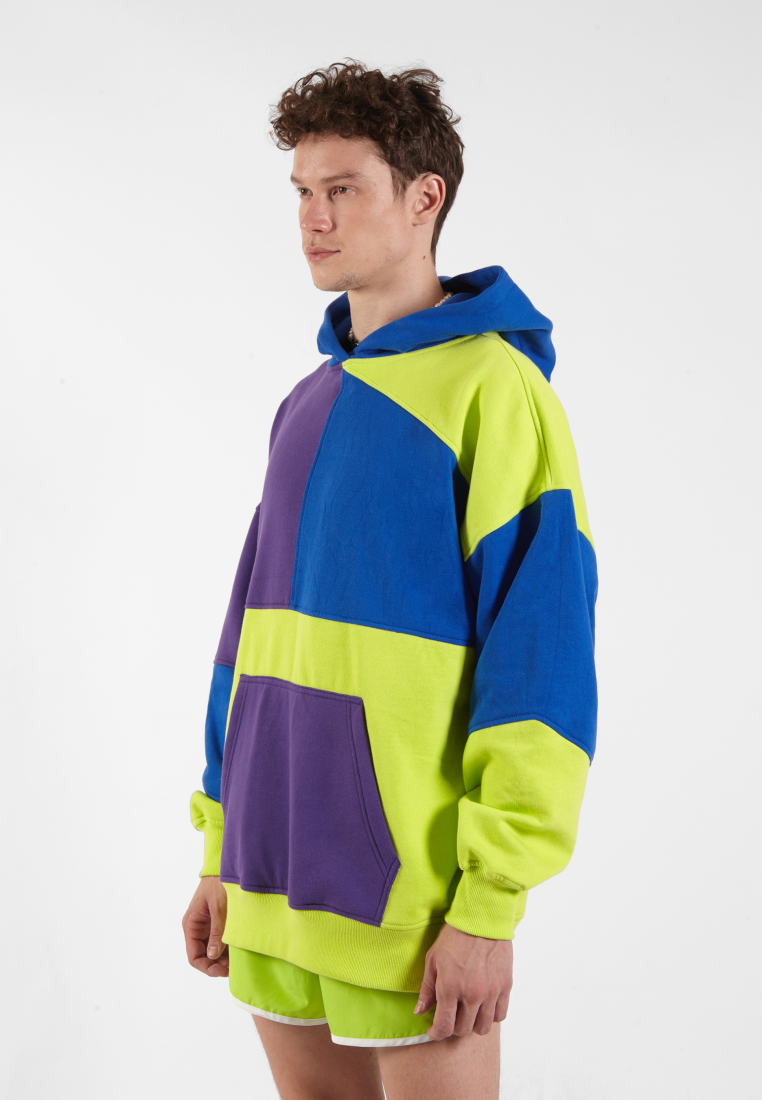 OCWA RIZ MULTI NEON GREEN ELECTRIC BLUE PURPLE PATCHES OVERSIZED HOODIE