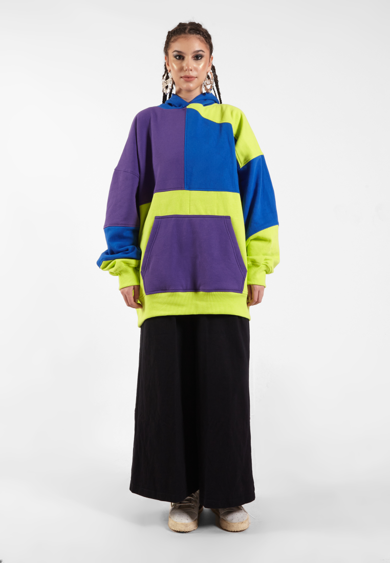 OCWA RIZ MULTI NEON GREEN ELECTRIC BLUE PURPLE PATCHES OVERSIZED HOODIE