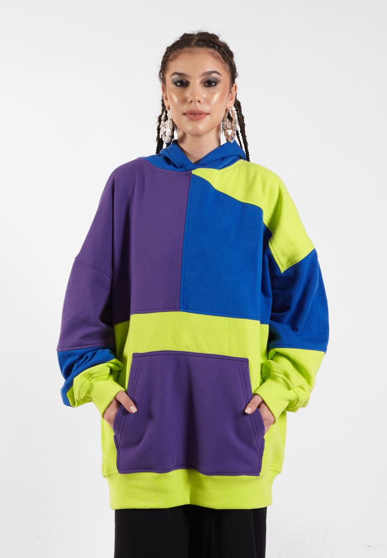 OCWA RIZ MULTI NEON GREEN ELECTRIC BLUE PURPLE PATCHES OVERSIZED HOODIE