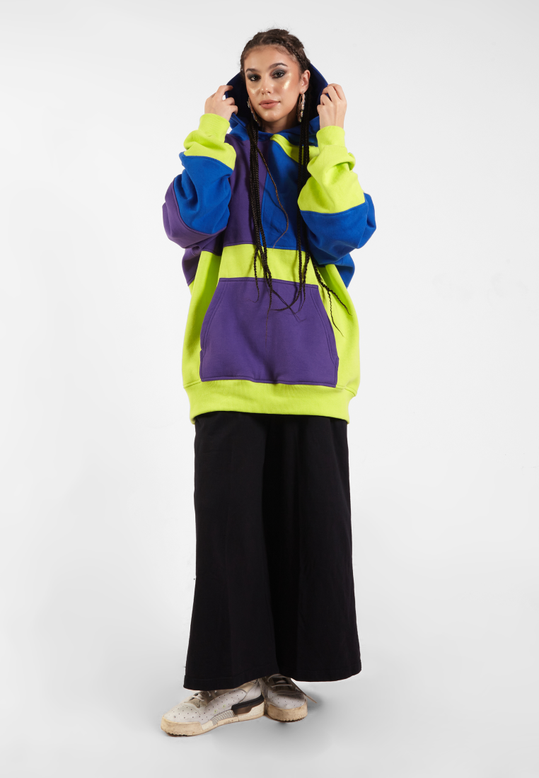 OCWA RIZ MULTI NEON GREEN ELECTRIC BLUE PURPLE PATCHES OVERSIZED HOODIE