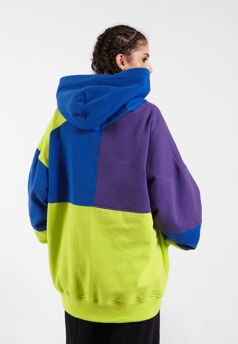 OCWA RIZ MULTI NEON GREEN ELECTRIC BLUE PURPLE PATCHES OVERSIZED HOODIE