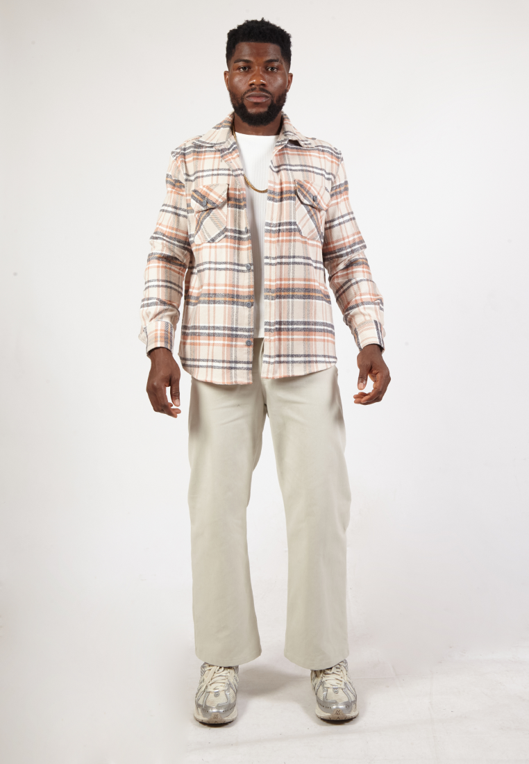 OCWA GINO OVERSIZED FLANNEL PLAID BEIGE CREAM GREY SHIRT