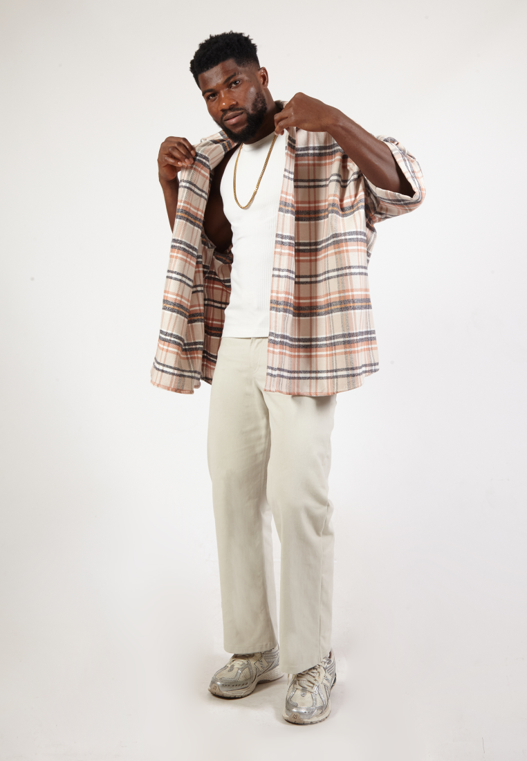 OCWA JORDY OVERSIZED FLANNEL PLAID BEIGE CREAM GREY Y2K SHIRT