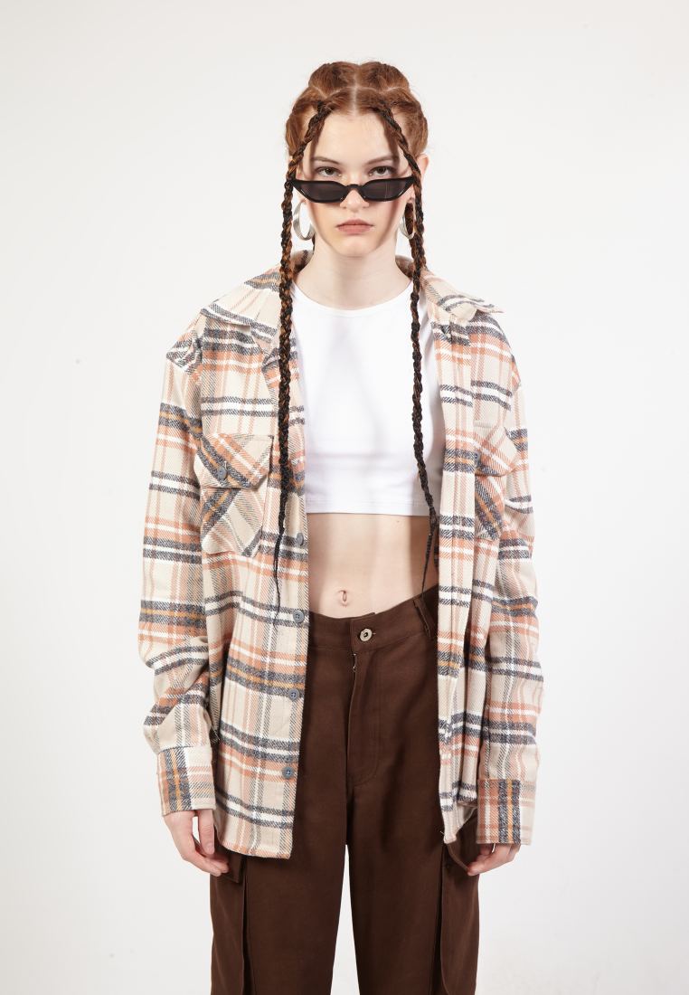 OCWA GINO OVERSIZED FLANNEL PLAID BEIGE CREAM GREY SHIRT OCWA GINO OVERSIZED FLANNEL PLAID BEIGE CREAM GREY SHIRT
