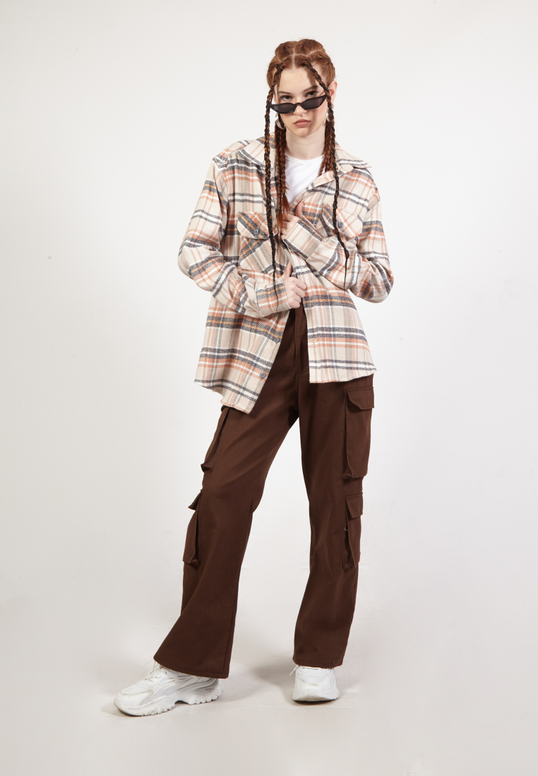 OCWA GINO OVERSIZED FLANNEL PLAID BEIGE CREAM GREY SHIRT