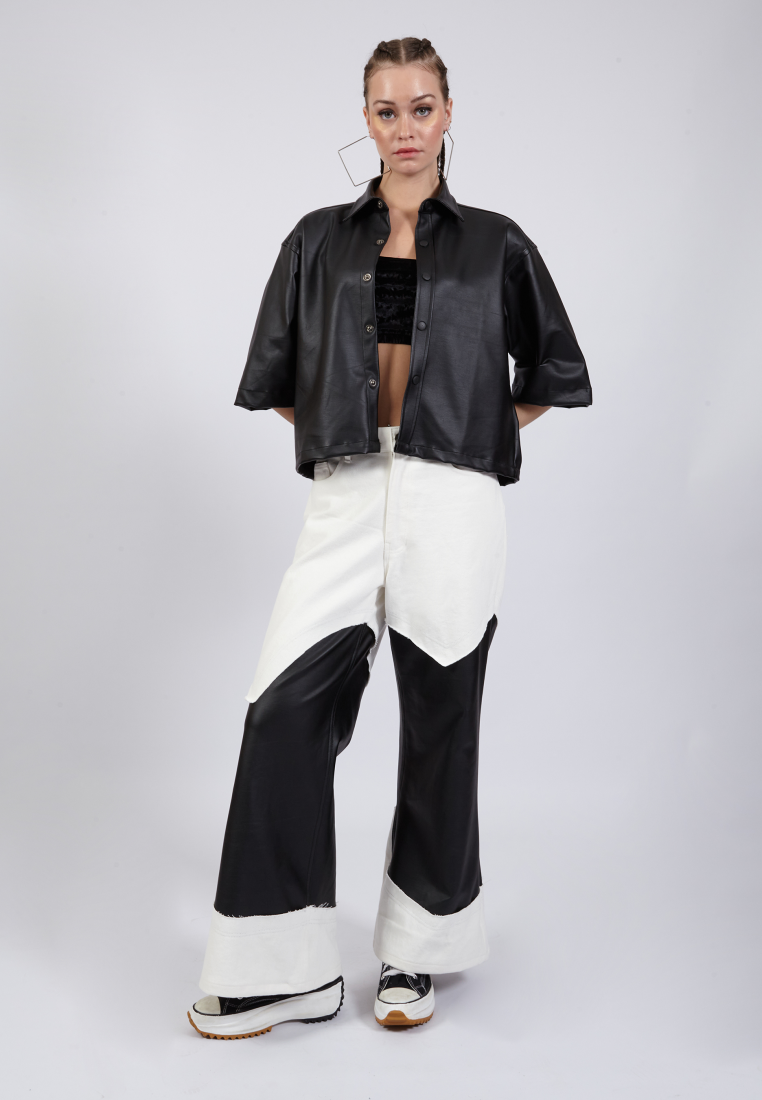 OCWA YAEL WIDELEG FLARE WHITE DENIM MIXED BLACK LEATHER JEANS
