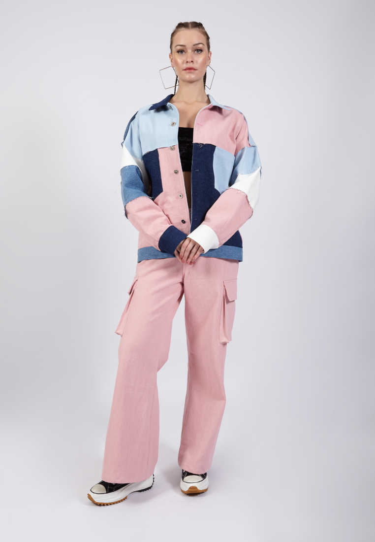 OCWA FINLEY OVERSIZED PATCH COLORBLOCK BLUE WHITE PINK DENIM JACKET