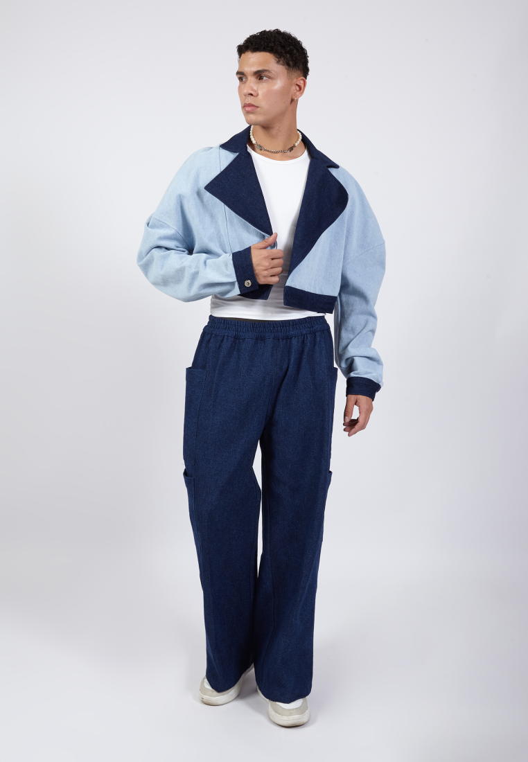 OCWA LEVI PUFF SLEEVE CROP DENIM LIGHT AND DARK BLUE JACKET