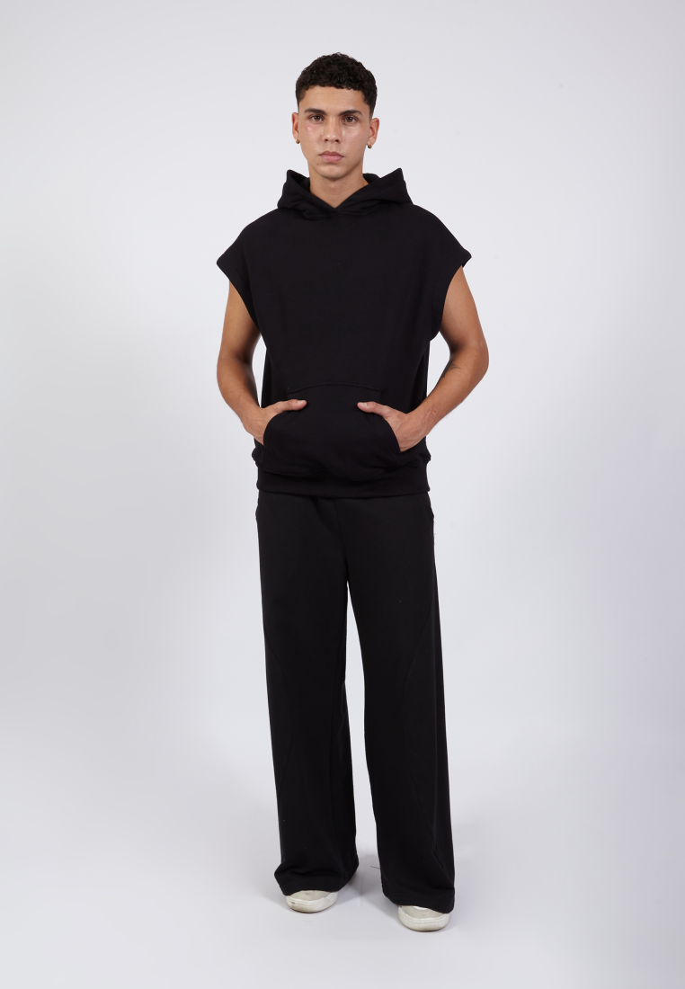 OCWA ASH BOXY SLEEVELESS MIXED FABRIC HOODIE BLACK