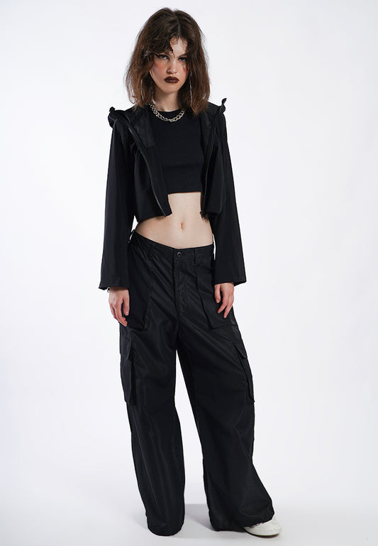 OCWA LEIKA CROP WATERPROOF TRANSPARENT SHEER JACKET BLACK