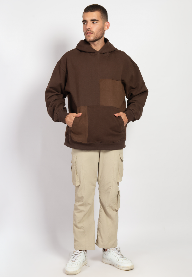 OCWA OVERSIZED ALFREDO MIXED DENIM BROWN HOODIE