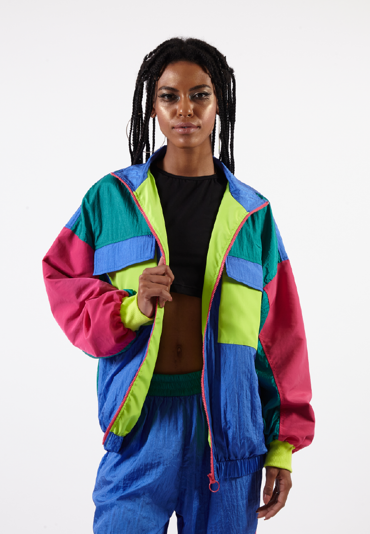 OCWA BIA 80'S INSPIRED COLORBLOCK PINK ELECTRIC BLUE NEON WATERPROOF JACKET