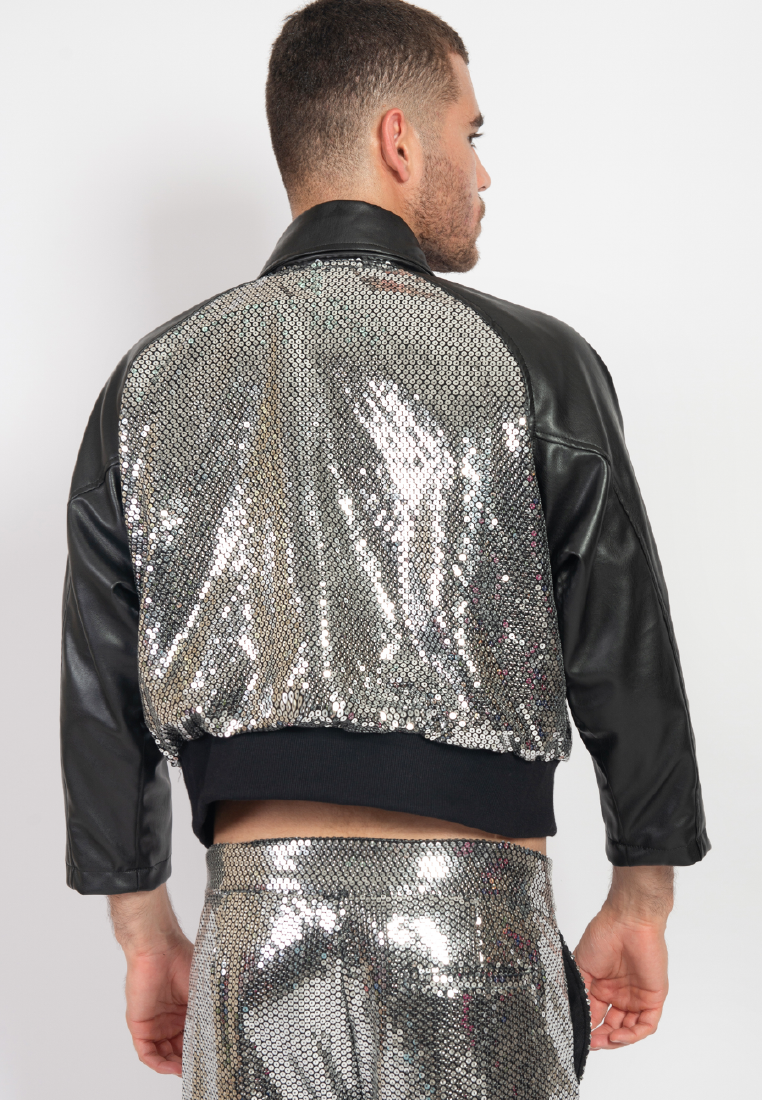 OCWA DISCO BALL BLACK LEATHER MIXED SILVER SEQUIN JACKET