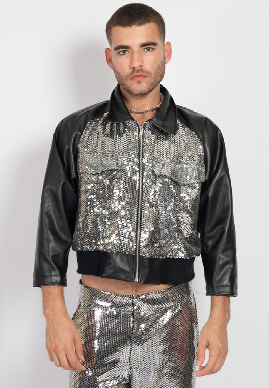 OCWA DISCO BALL BLACK LEATHER MIXED SILVER SEQUIN JACKET