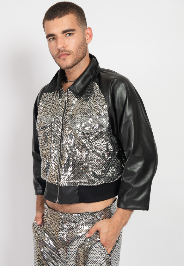 OCWA DISCO BALL BLACK LEATHER MIXED SILVER SEQUIN JACKET