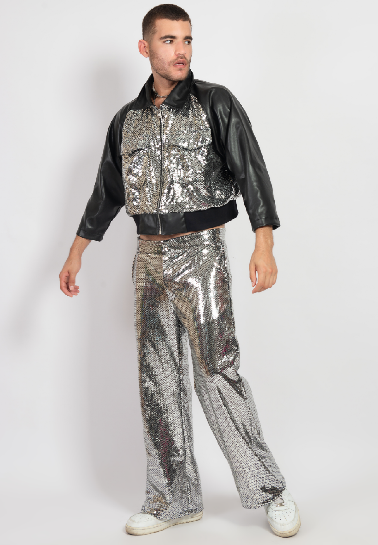 OCWA DISCO BALL BLACK LEATHER MIXED SILVER SEQUIN JACKET