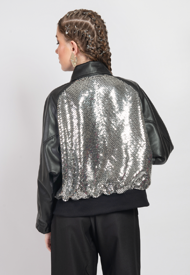 OCWA DISCO BALL BLACK LEATHER MIXED SILVER SEQUIN JACKET