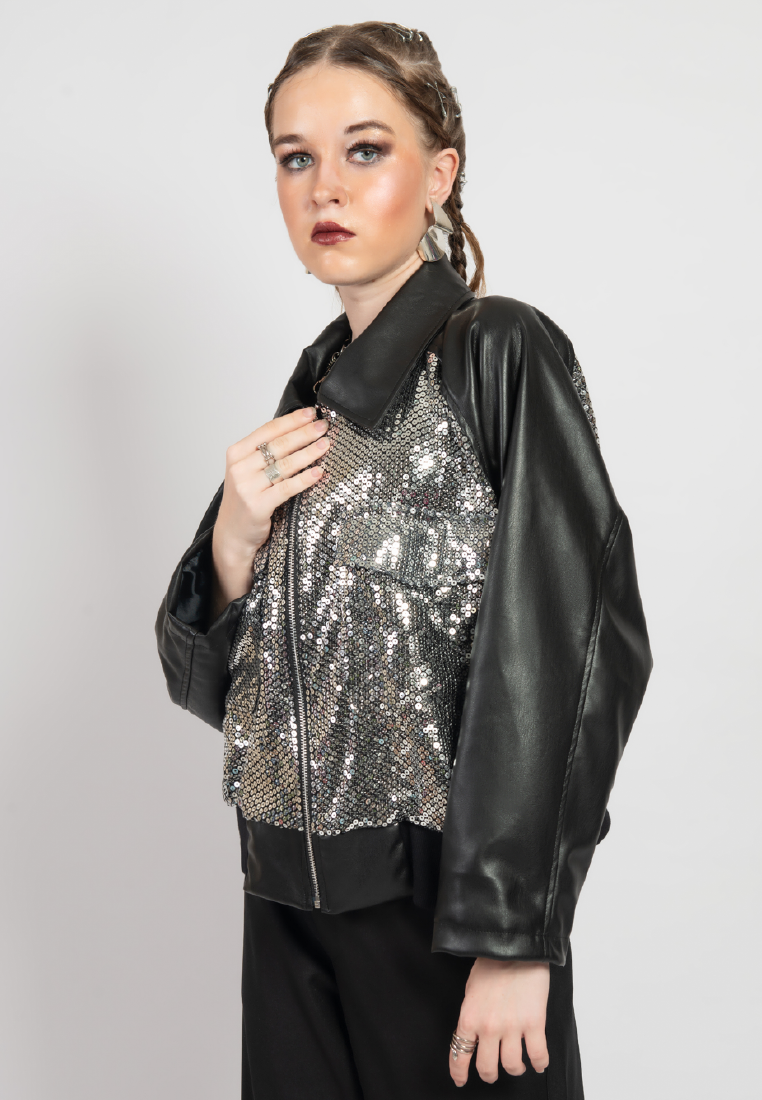 OCWA DISCO BALL BLACK LEATHER MIXED SILVER SEQUIN JACKET