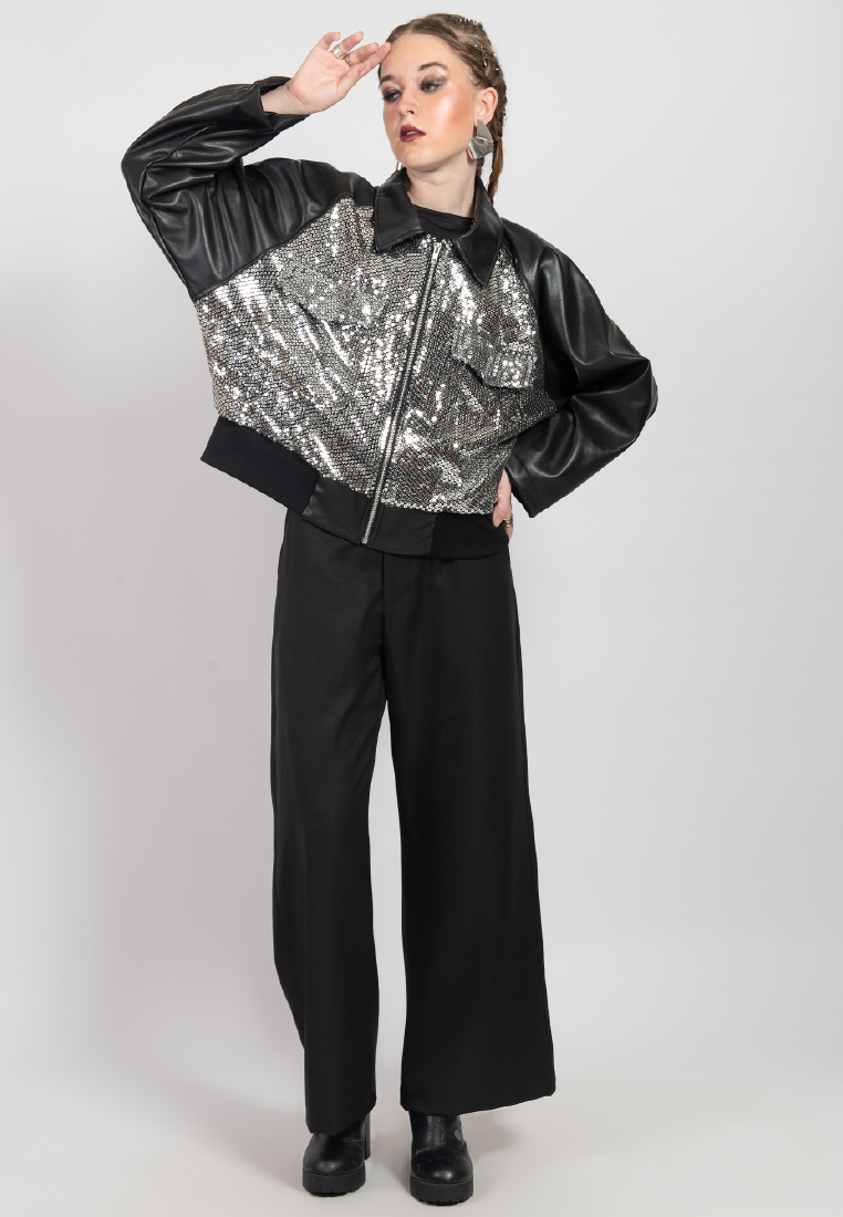 OCWA DISCO BALL BLACK LEATHER MIXED SILVER SEQUIN JACKET