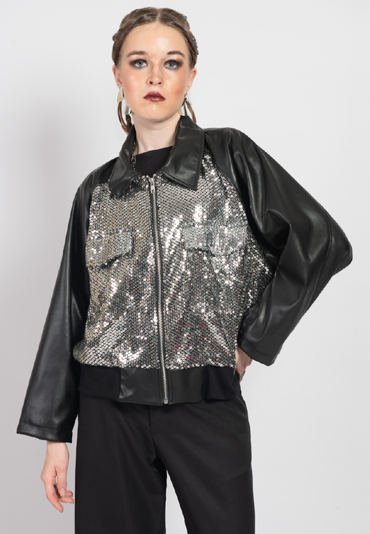 OCWA DISCO BALL BLACK LEATHER MIXED SILVER SEQUIN JACKET