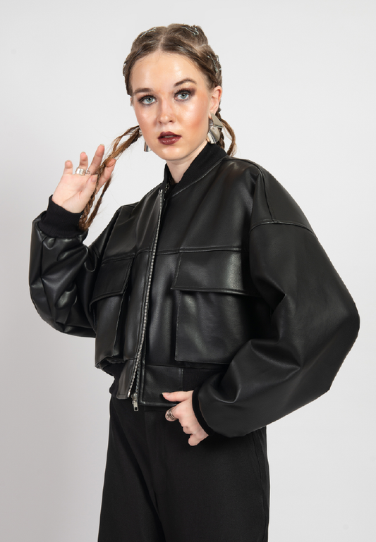 OCWA DON CROP BLACK LEATHER JACKET