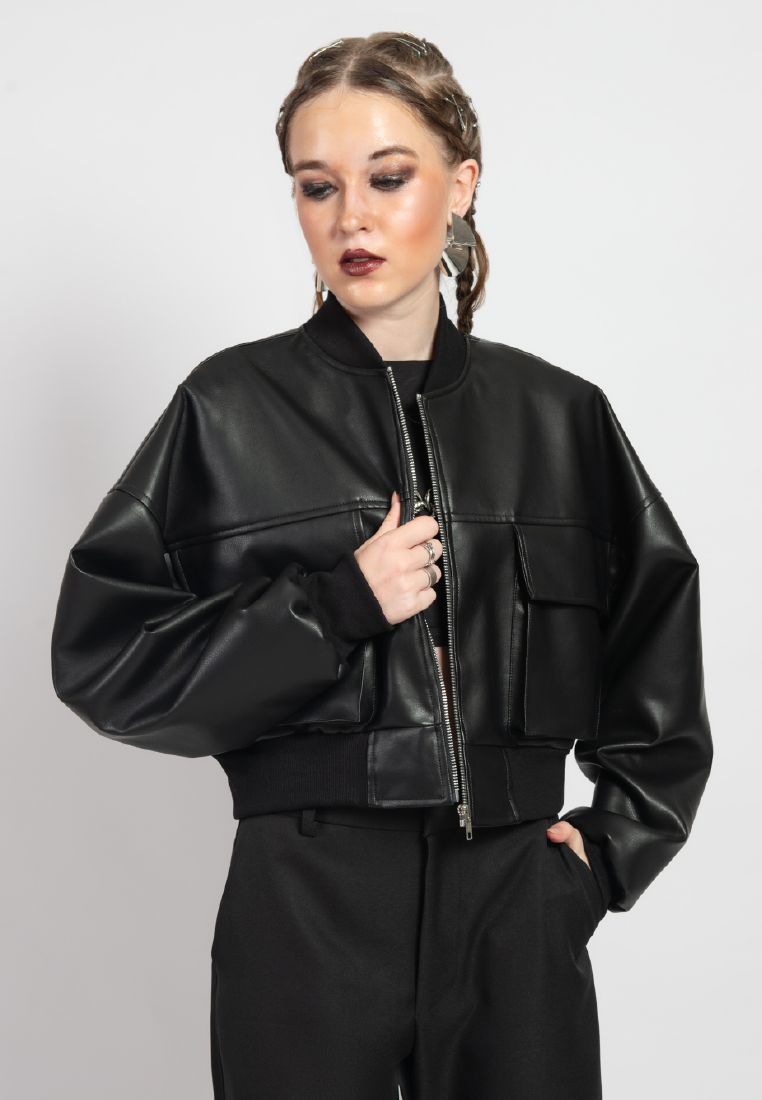 OCWA DON CROP BLACK LEATHER JACKET