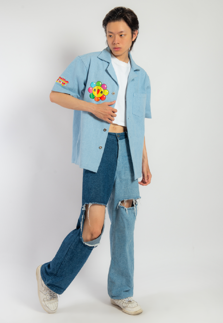 OCWA X REDMILLER FLOWERIA SLEEVELESS DENIM SHIRT BLUE