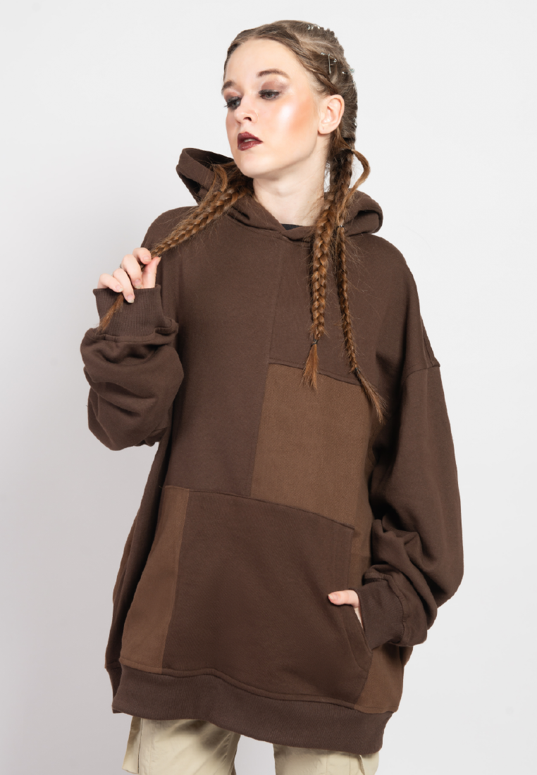 OCWA OVERSIZED ALFREDO MIXED DENIM BROWN HOODIE