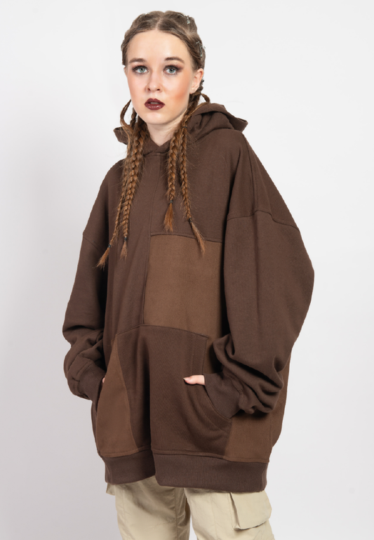 OCWA OVERSIZED ALFREDO MIXED DENIM BROWN HOODIE