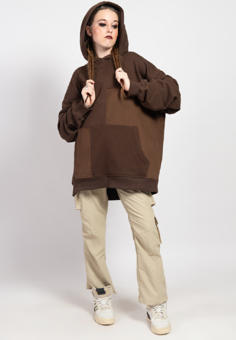 OCWA OVERSIZED ALFREDO MIXED DENIM BROWN HOODIE