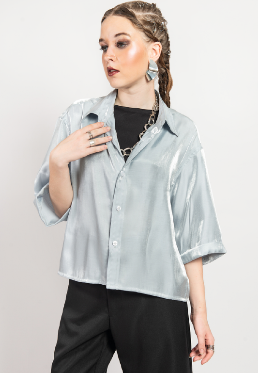 OCWA HOSEA OVERSIZED CROP SHORT SLEEVE SILVER SHIRT