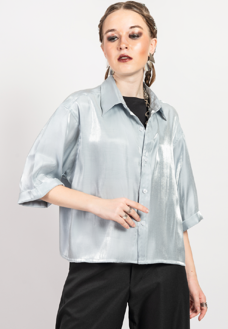 OCWA HOSEA OVERSIZED CROP SHORT SLEEVE SILVER SHIRT