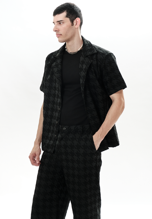 OCWA JACKIE OVERSIZED BLACK HOUNDSTOOTH SHORT SLEEVE SHIRT