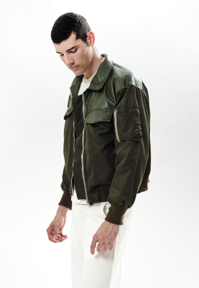 OCWA JAKE MIXED LEATHER NYLON ARMY BOMBER JACKET