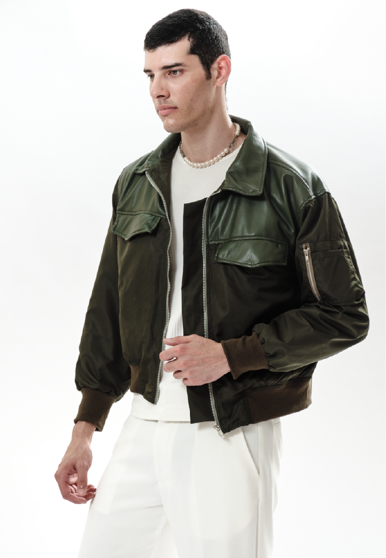 OCWA JAKE MIXED LEATHER NYLON ARMY BOMBER JACKET