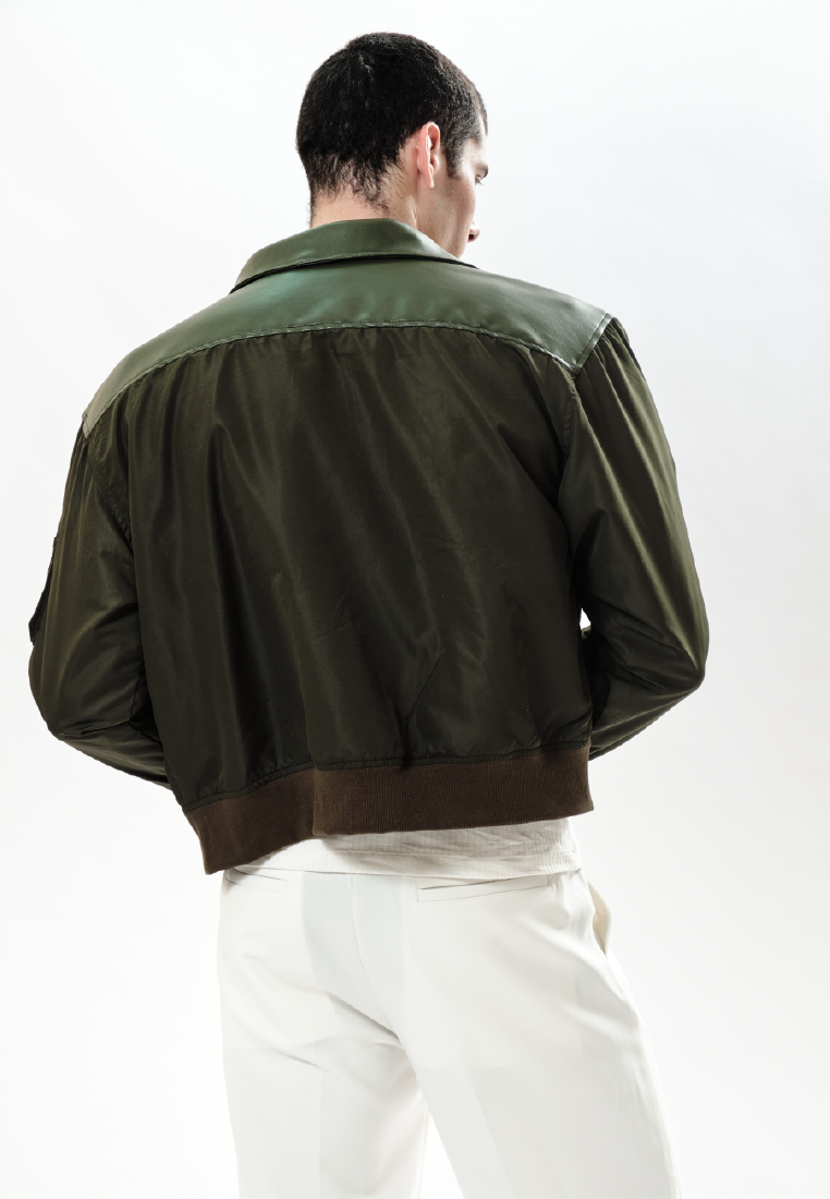 OCWA JAKE MIXED LEATHER NYLON ARMY BOMBER JACKET